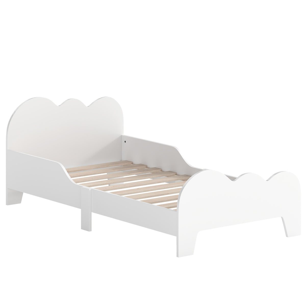 Lit enfant lit au sol enfant 70x140 cm avec barrière de sécurité, sommier à lattes inclus et décorations de nuage, blanc-0