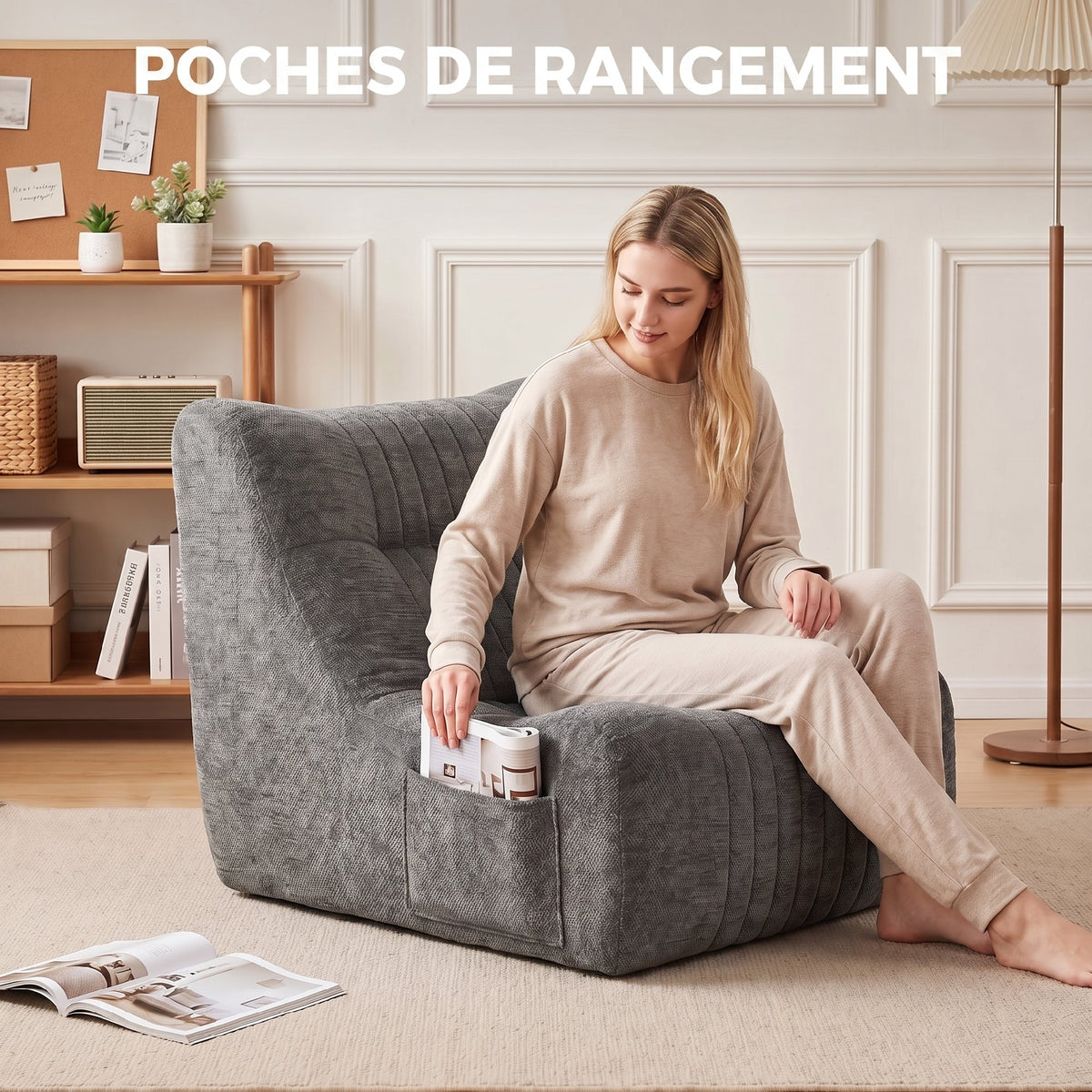 Canapé Paresseux Chaise de Sol à Silhouette Papillon avec Poches Latérales, sans Assemblage, 80x90x76cm, Gris Châtaigne-6