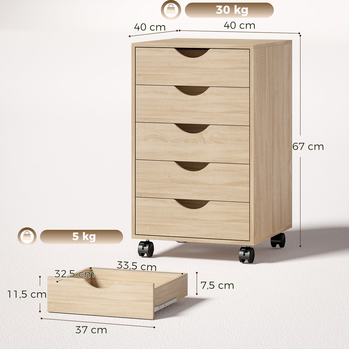 Caisson bureau mobile, meuble rangement sur roulettes avec 5 tiroirs, bois, 40 x 40 x 68,5 cm, chêne-2
