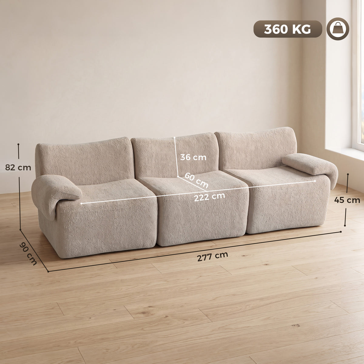 Canapé 3 Places Modulable 277 cm, Canapé Salon Compressé en Chenille Moderne, Assise Profonde, Accoudoirs Larges, Beige-2