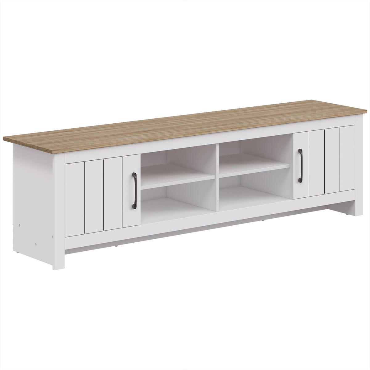 Meuble TV 175 cm, Meuble Télé pour Téléviseur jusqu'à 55 Pouces avec 2 Portes et 4 Compartiments Ouverts, Chêne et Blanc-0