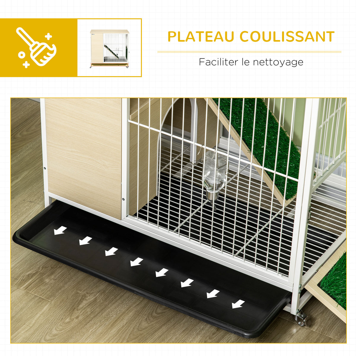 Cage à lapin clapier sur roulettes toit ouvrant plates-formes avec plateau amovible 78 x 52,5 x 76,5 cm naturel-5