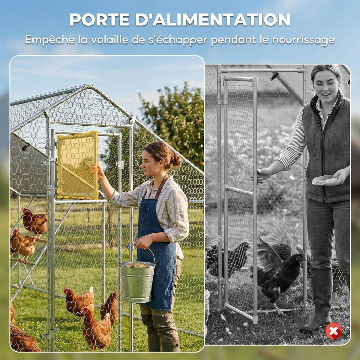 Enclos poulailler extérieur parc grillagé 12 m² avec perchoir et mangeoire acier galvanisé Ø25mm 300x400x195cm argent-5
