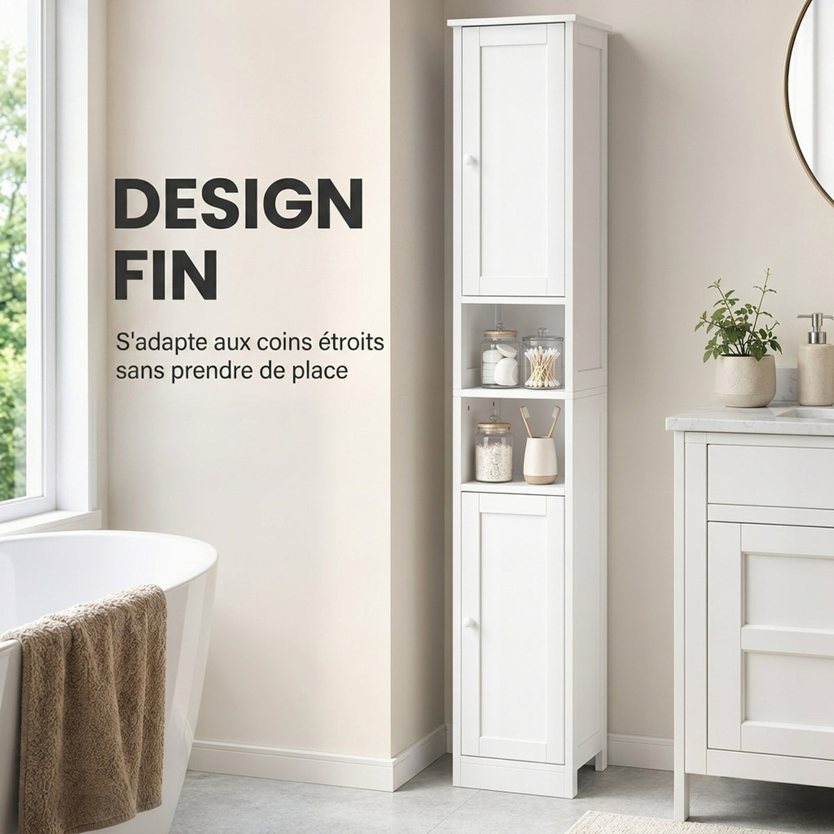 Meuble de salle de bain haut, meuble de rangement avec 2 portes, 2 compartiments ouverts, étagère réglable, blanc-3