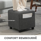 Repose pied salon, ottoman, siège rembourré capitonné en tissu aspect lin avec poche latérale, 35 x 35 x 35 cm, gris-5