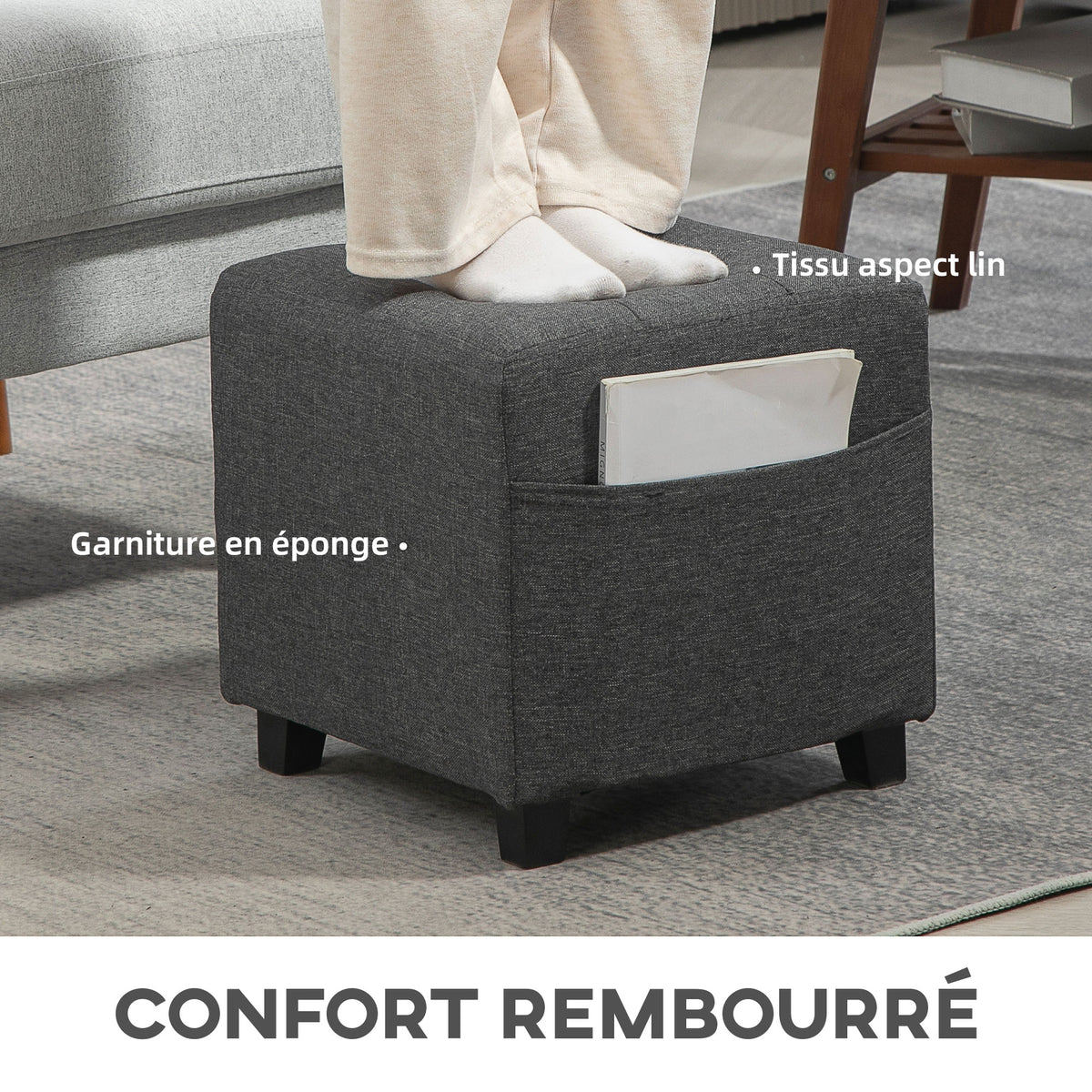 Repose pied salon, ottoman, siège rembourré capitonné en tissu aspect lin avec poche latérale, 35 x 35 x 35 cm, gris-5