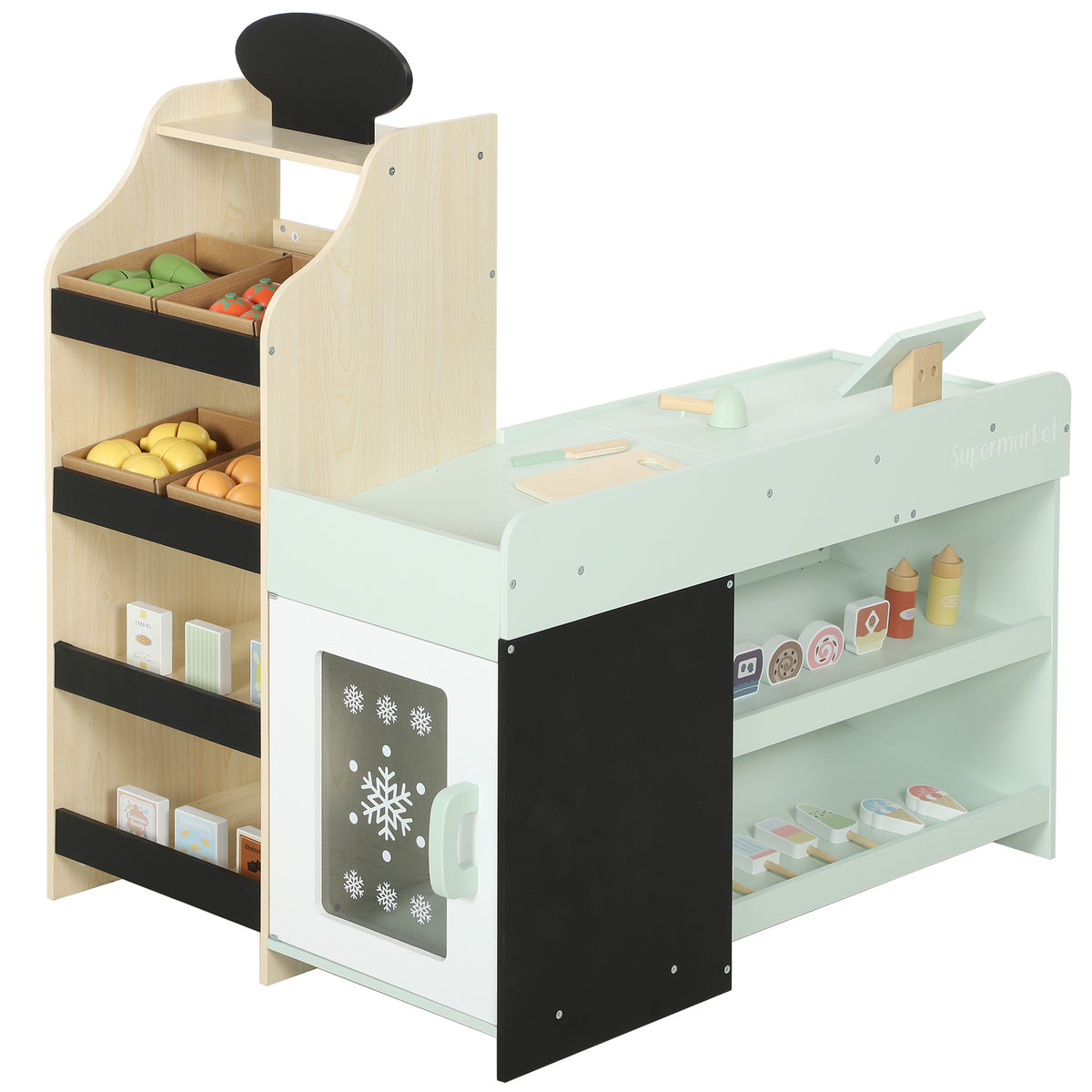 Marchande Enfants en Bois, Caisse Enregistreuse, Aliments Factices, Tableau Noir et 44 Accessoires, pour 3 à 6 Ans-0