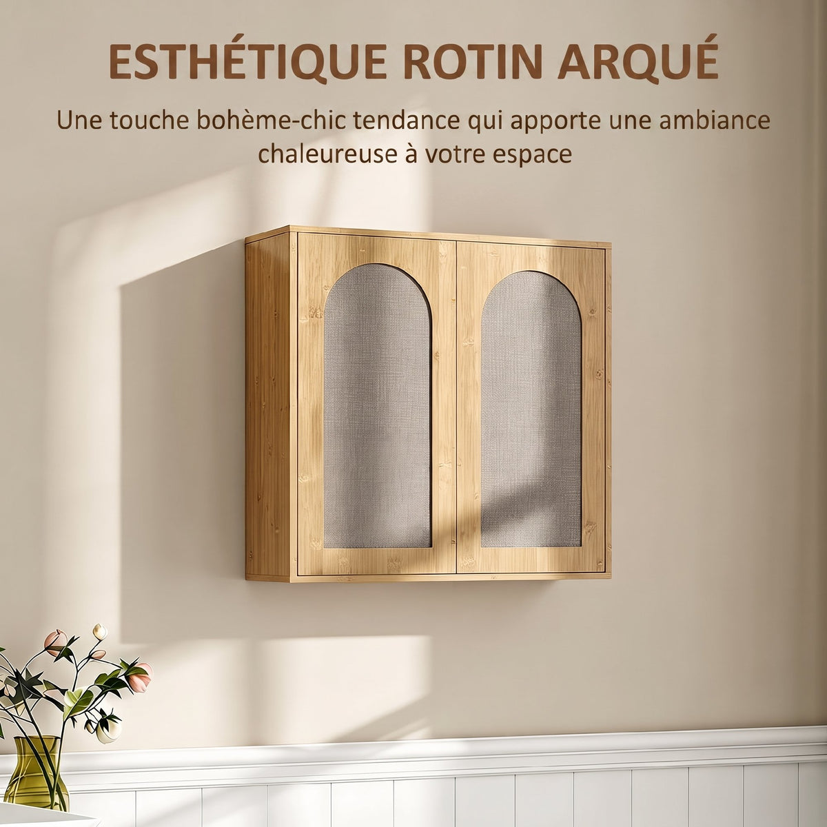 Armoire murale de salle de bain bohème avec 2 portes effet rotin à fermeture douce et étagère réglable, chêne-3