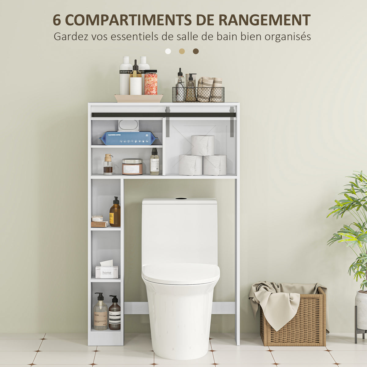 Meuble de rangement au-dessus des toilettes avec porte coulissante, Meuble étagère dessus WC, étagère réglable, blanc-4