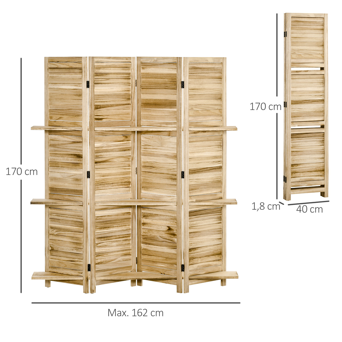 Paravent intérieur 4 panneaux 3 étagères pliables portes persiennes bois de paulownia aspect pin autoclave-2
