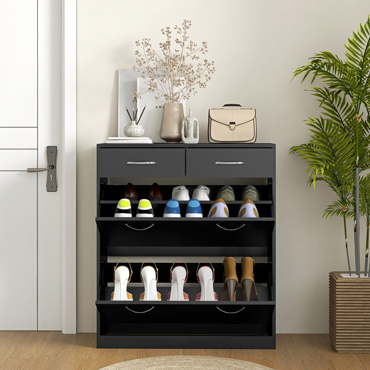 Meuble à chaussures 2 tiroirs et 2 portes abattantes avec étagère réglable, poignées alu. 80 x 30 x 91,5 cm, Noir-7
