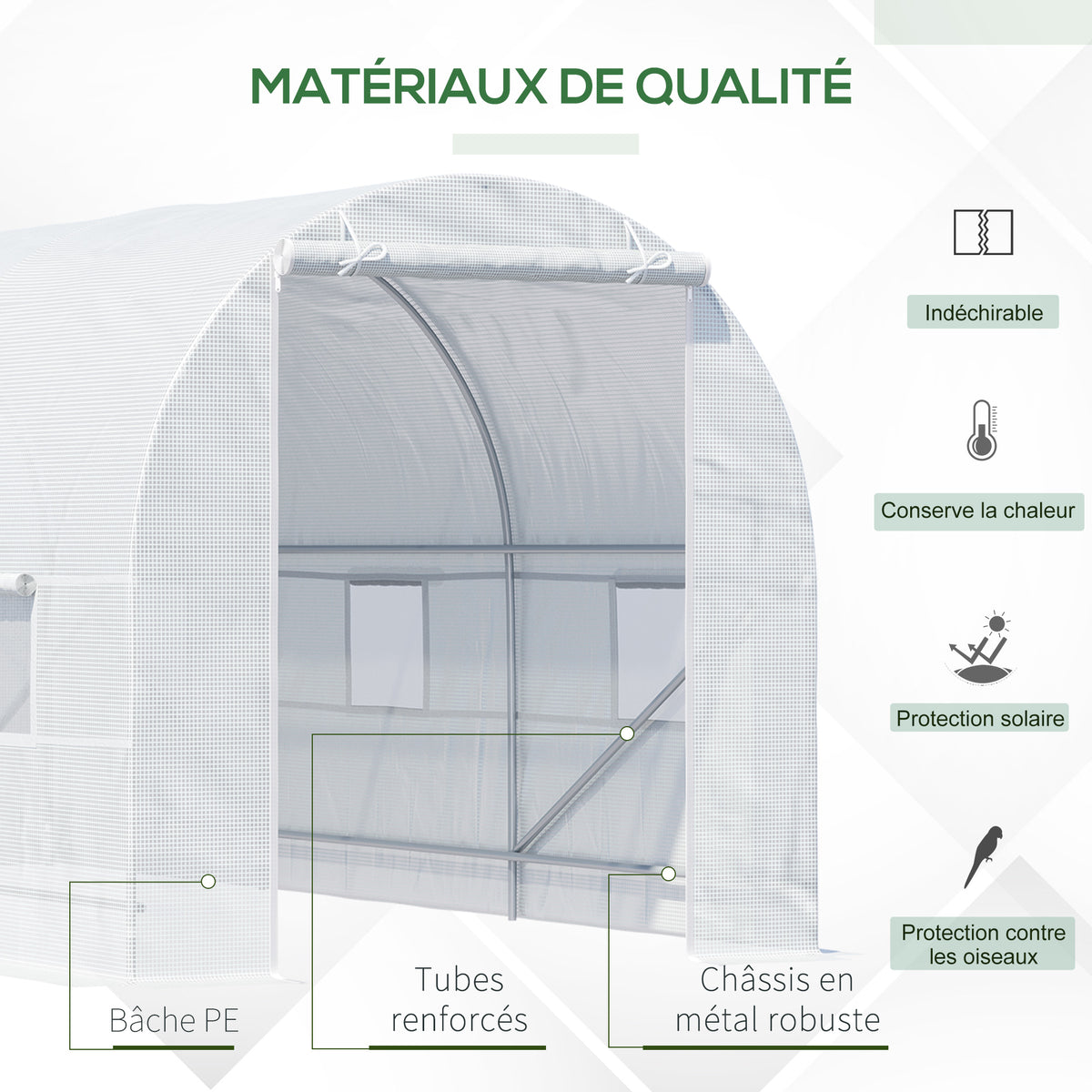 Serre tunnel de jardin 9m², serre de jardin tunnel avec porte et 6 fenêtres, bâche PE 140 g/m² 445 x 200 x 200 cm blanc-4