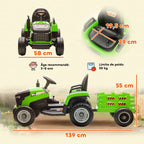 Tracteur électrique enfants avec remorque amovible, voiture électrique enfants, télécommande 2,4G, 139x58x55cm, vert-2