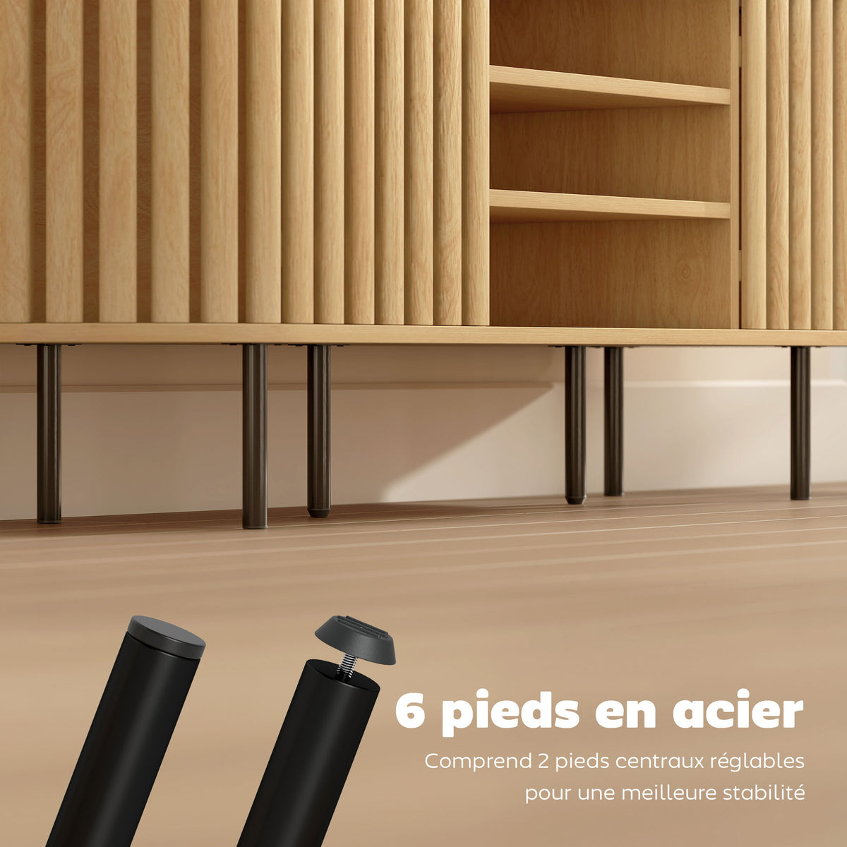 Meuble TV, meuble télé pour téléviseur 60 pouces, 2 portes à lattes, 140x40x52cm, bois naturel-5