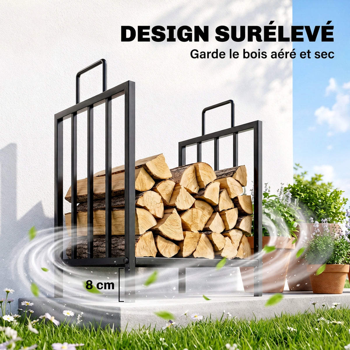 Range bûches Porte-bûches Etagère porte bois de cheminée charge max 15 Kg 44x33x46cm métal époxy noir-5