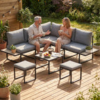 Salon de jardin extérieur 6 personnes modulable table basse et plateaux latéraux en bois PSPC coussins épais 10cm gris-8
