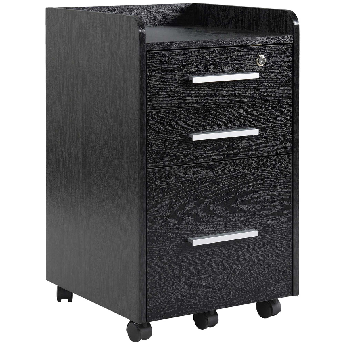 Caisson de bureau rangement bureau sur roulettes 3 tiroirs 1 verrouillable 1 trieur dossiers en bois noir-0