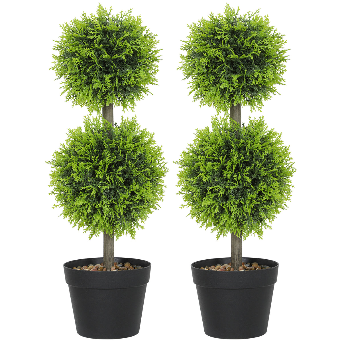 Lot de 2 plantes artificielles décoratives, boules de buis artificiel 60 cm avec pot, plastique, vert-0