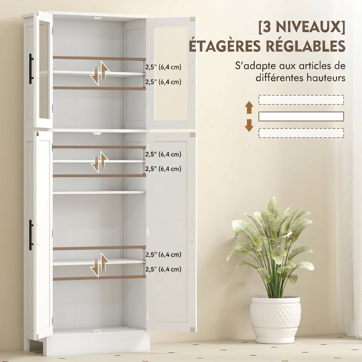 Meuble de salle de bain haut 6 niveaux, meuble de rangement avec 4 portes dont 2 vitrées et étagères réglables, blanc-4