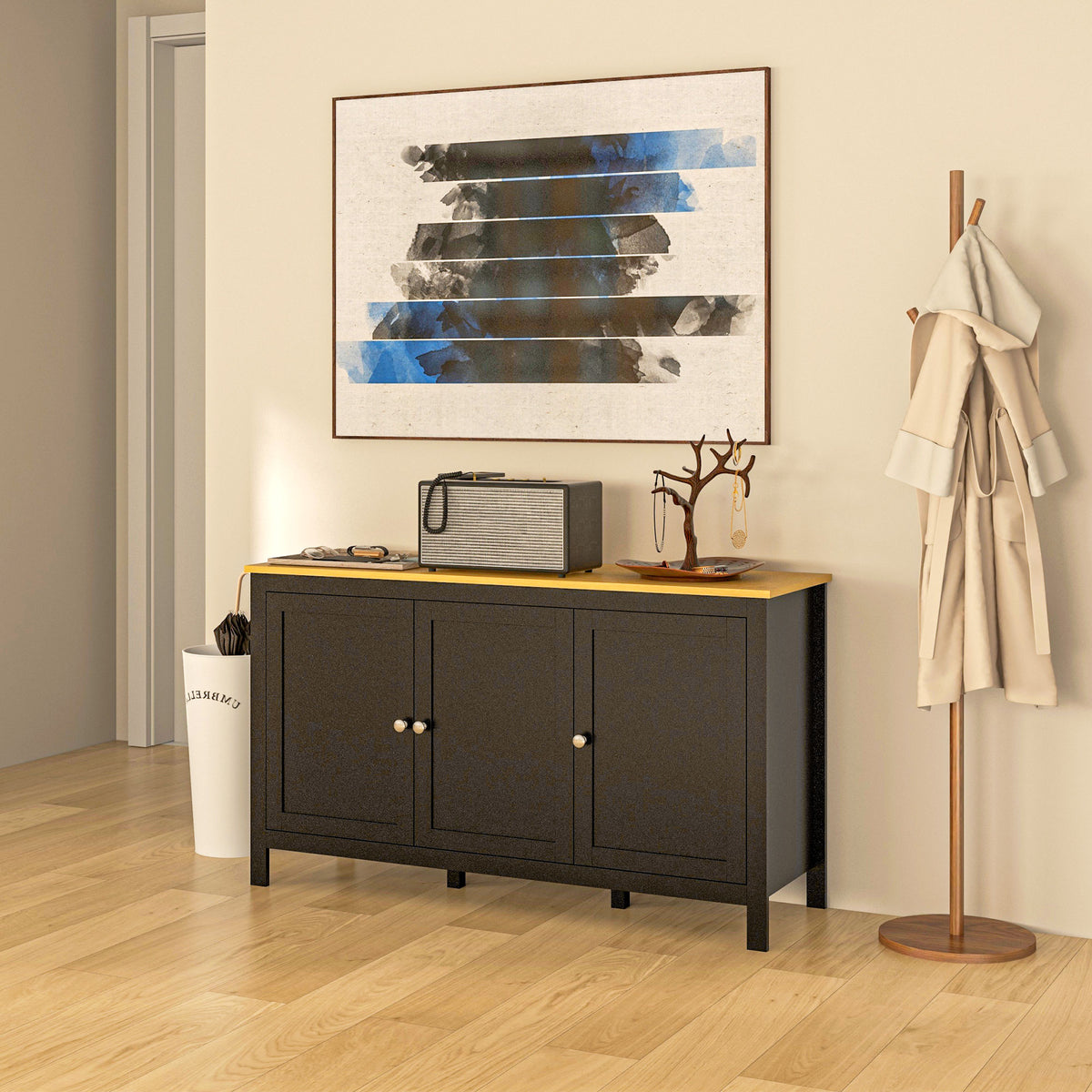 Buffet meuble de rangement avec 3 portes 2 étagères réglables plateau aspect bois clair 120 x 40 x 70 cm noir-8