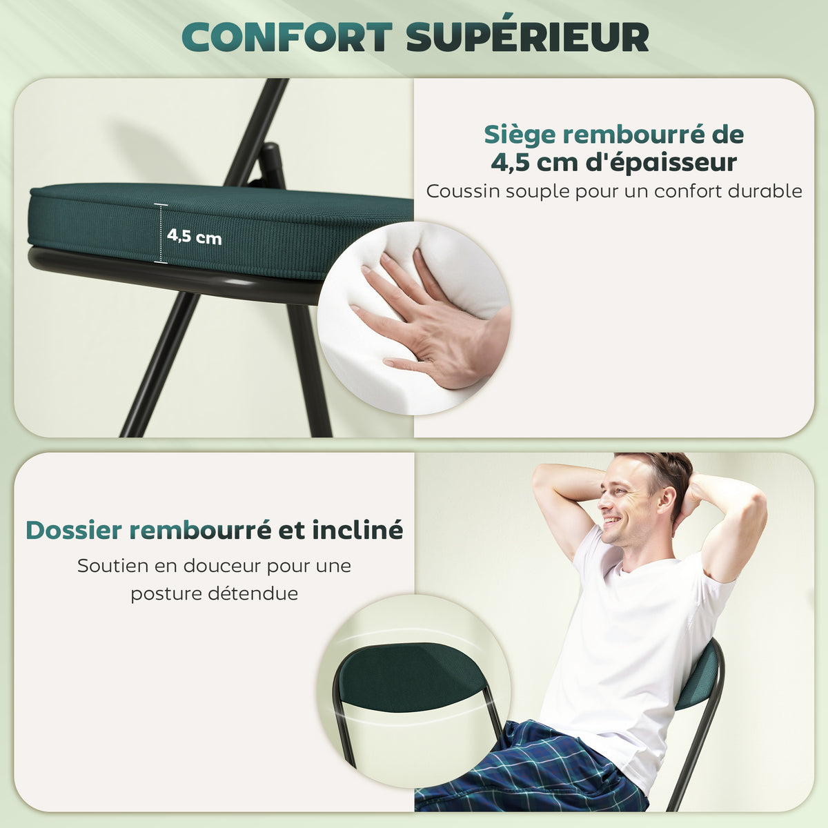 Lot de 4 chaises pliantes chaises de salle à manger portables avec assises et dossiers rembourrés en velours côtelé bleu-3