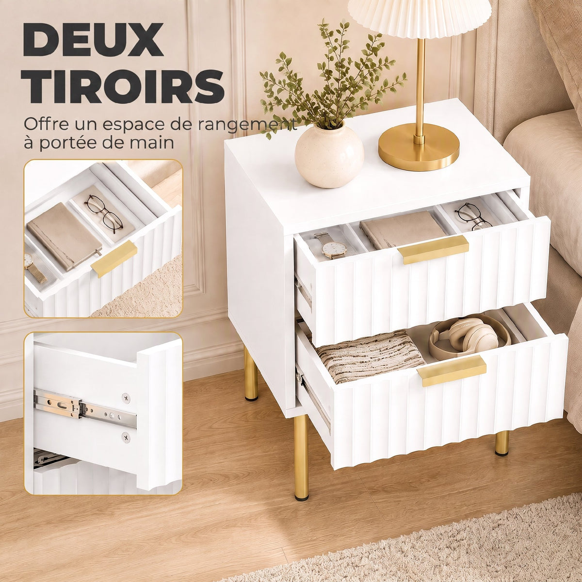 Table de chevet, table de nuit cannelée avec 2 tiroirs et pieds en acier, pour chambre à coucher, salon, blanc-4