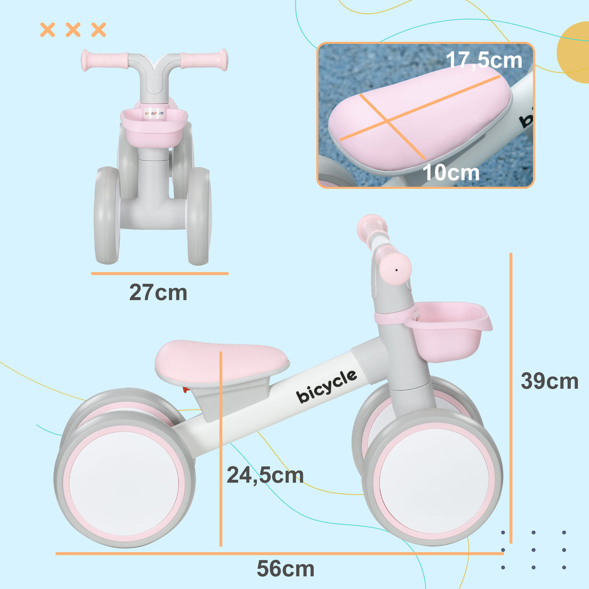 Draisienne vélo Enfant 4 roues selle réglable, guidon ergonomique alliage alu. PP, enfant 1 à 3 ans - Gris Blanc Rose-2