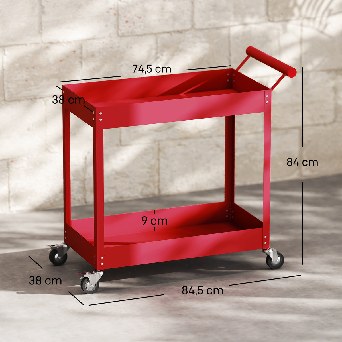 Chariot d'atelier servante atelier à 2 niveaux, poignée latérale et roulettes verrouillables, 84,5x38x84cm, rouge-2