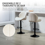 Lot de 2 tabourets de bar forme de coquillage, dossier, hauteur réglable et repose-pieds, cadre en acier, beige-3