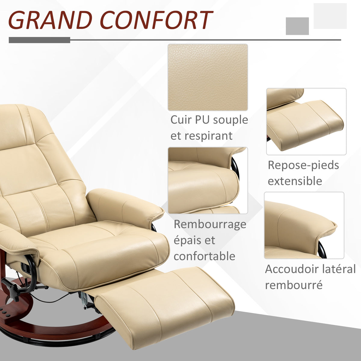 Fauteuil relax inclinable repose-pieds réglable pivotant 360° piètement bois revêtement PU respirant et doux crème-5