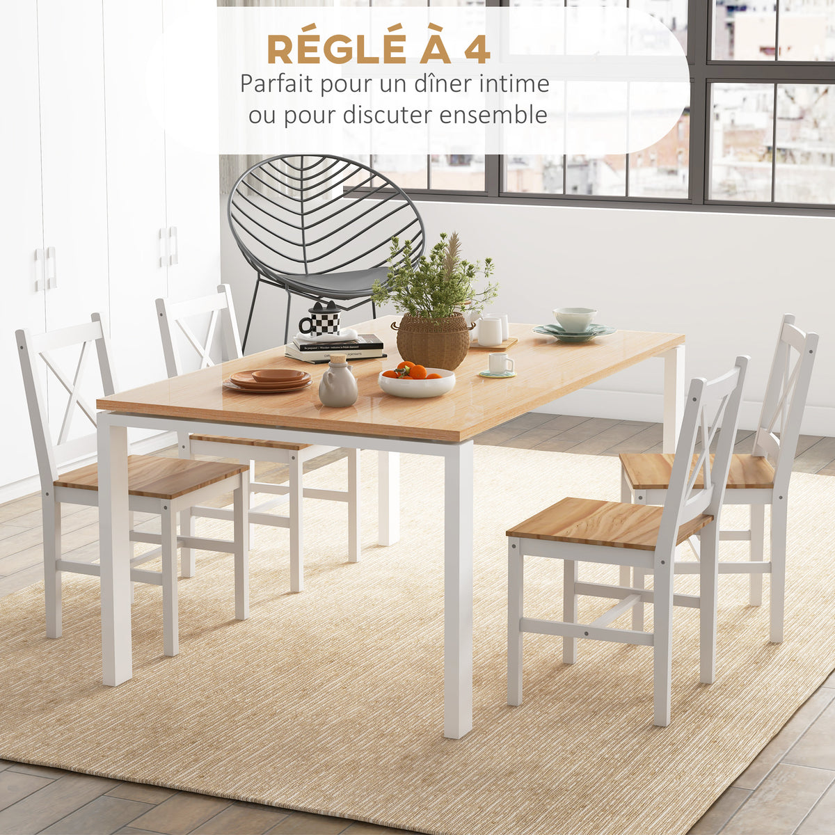 Lot de 4 chaises design style maison de campagne, cadre blanc – Parfaites pour salle à manger, cuisine ou salon-3