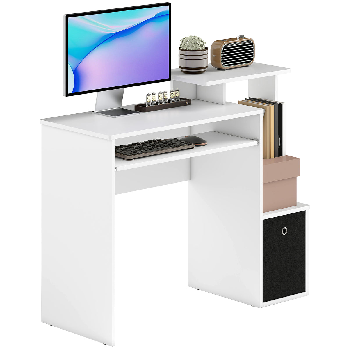 Bureau Informatique multimédia étagères Tablette Clavier Panier Noir Panneaux Particules Blanc-0