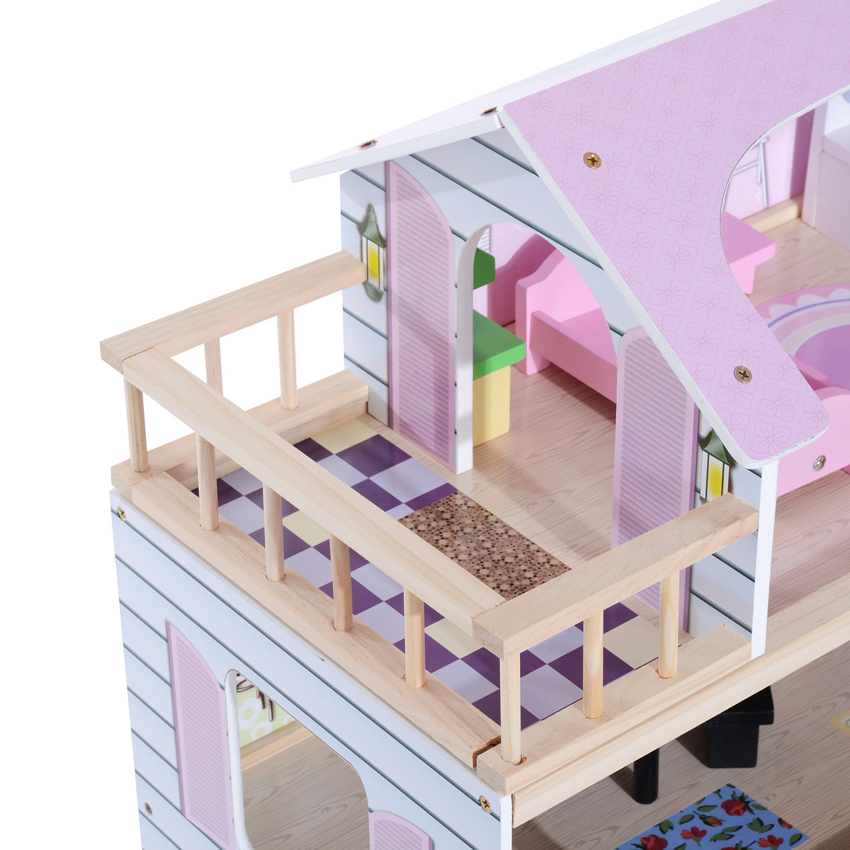 Maison de poupée en Bois Jeu d'imitation 4 Étages pour 3+ ans avec 13 Accessoires Grand réalisme Multi-équipement 60L x 30l x 80H cm Blanc et Rose-7