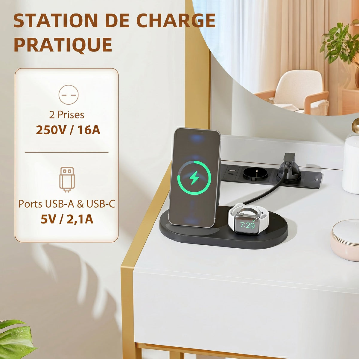 Coiffeuse avec miroir et tabouret, station de charge, table de maquillage avec 2 tiroirs, 3 étagères ouvertes, blanc-3