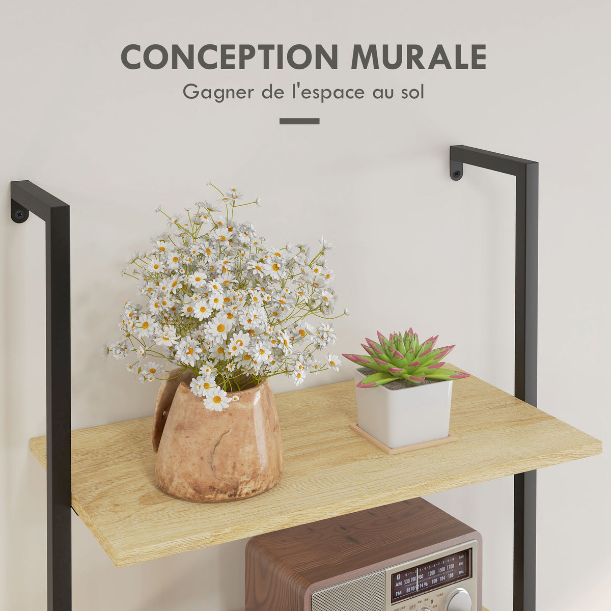 Étagère échelle mural bibliothèque style industriel 6 étagères acier noir aspect bois naturel dim. 60L x 30l x 206H cm-5