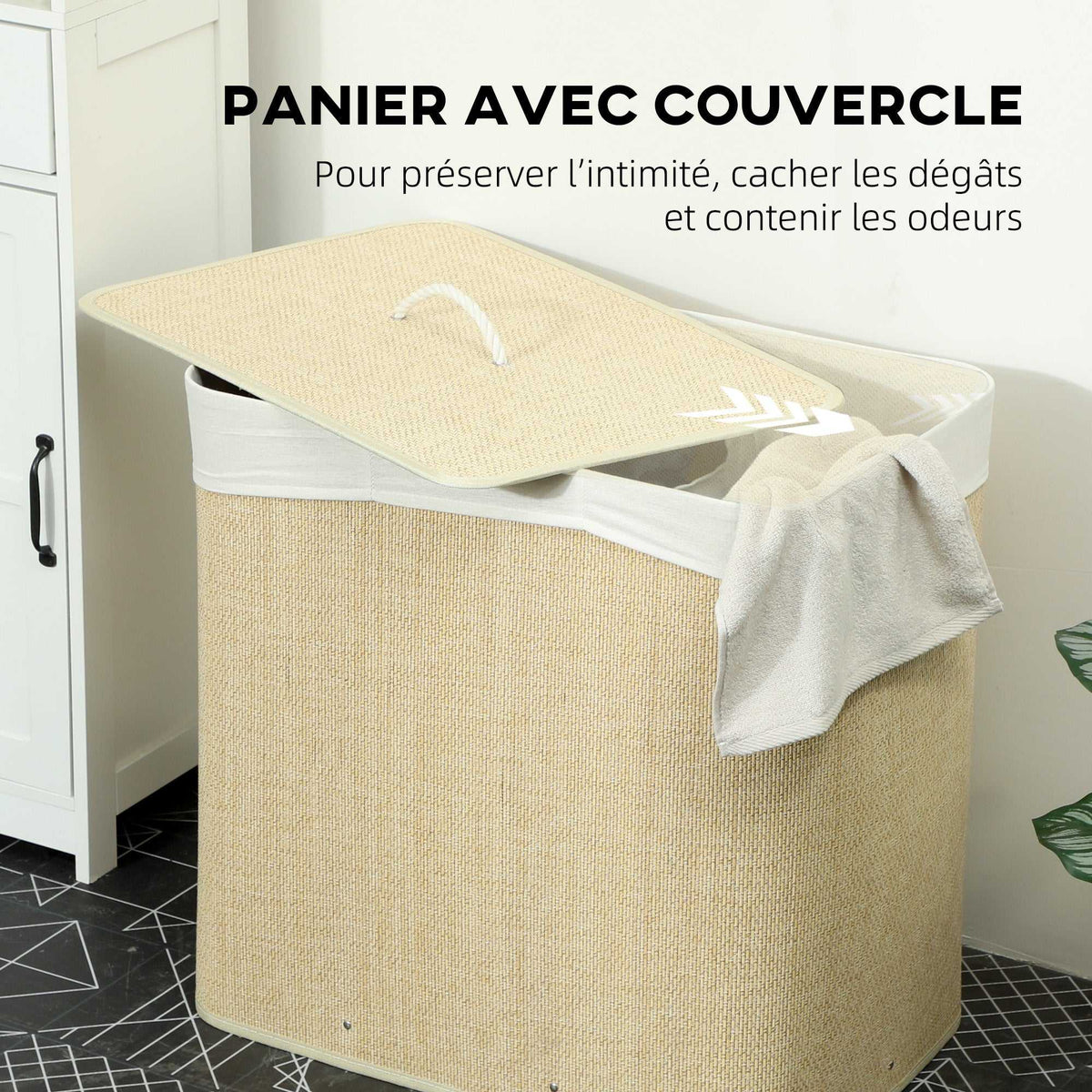 Panier à linge à trois compartiments avec couvercle, panier à linge en bambou 144 L avec poignées en corde-4