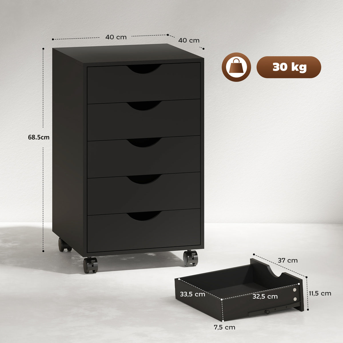 Caisson bureau mobile, meuble rangement bureau sur roulettes, 5 tiroirs, 40 x 40 x 68,5 cm, noir-2