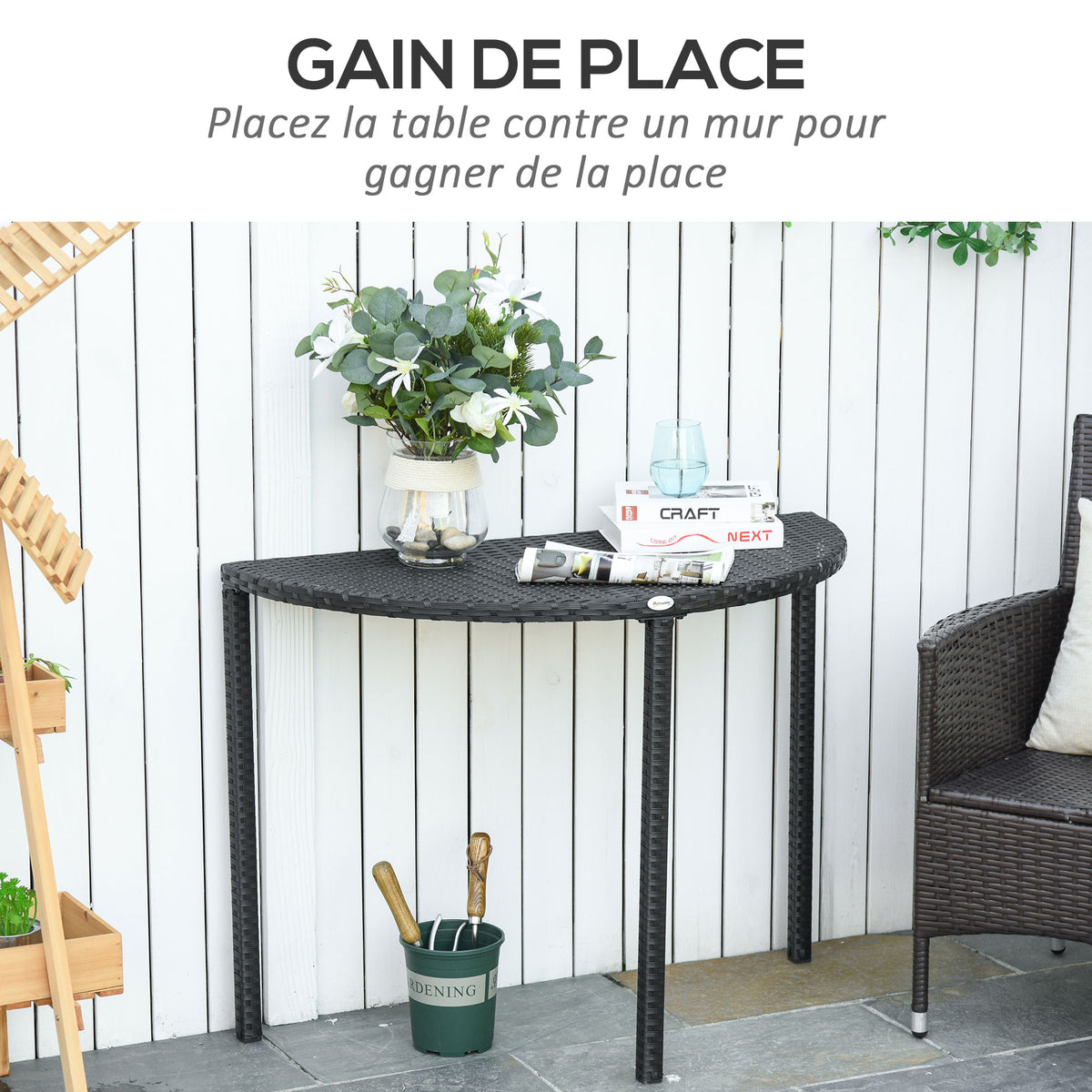 Table de jardin demi cercle - table de balcon demi lune - 100L x 50l x 74H cm résine tressée 4 fils imitation-3
