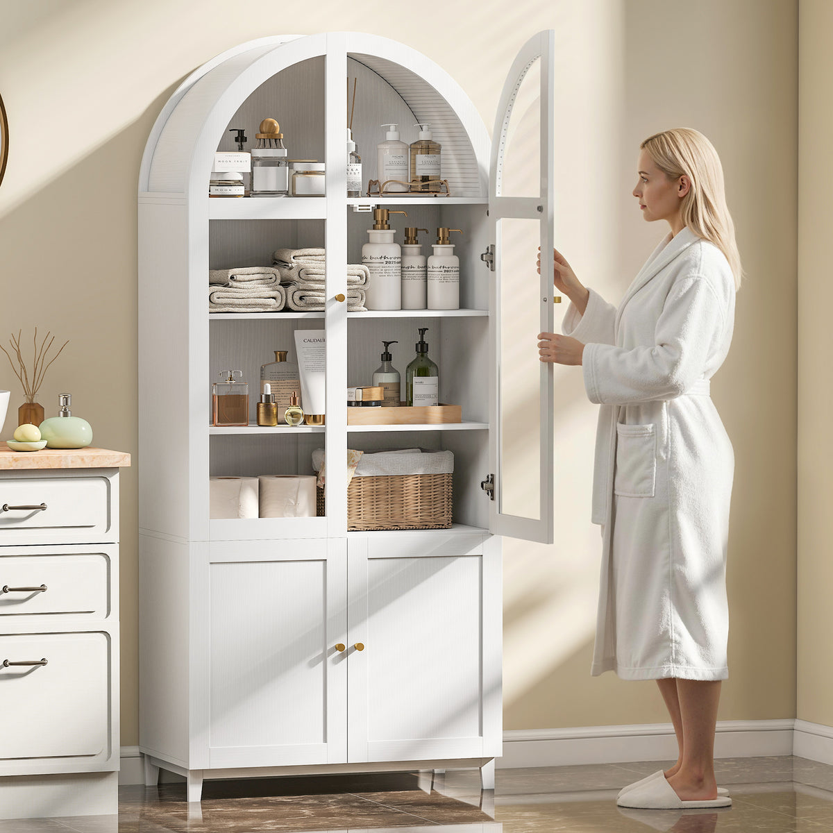 Armoire de cuisine, vaisselier vitrine avec 4 portes dont 2 en acrylique et étagères réglables, 78 x 40 x 180 cm, blanc-8