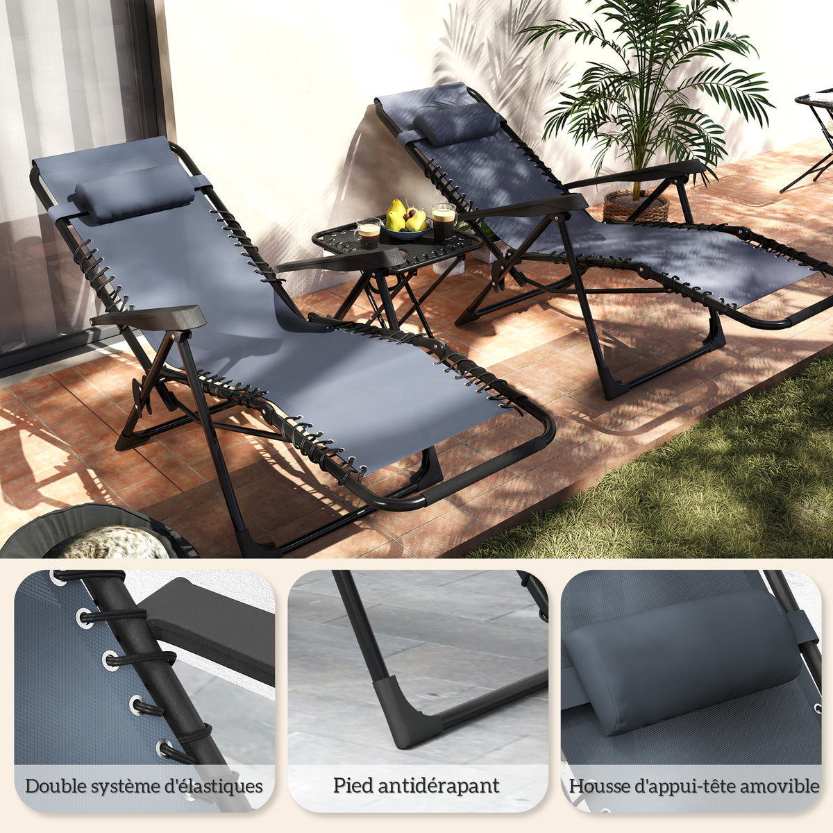 Lot de 2 chaise longue pliable et inclinable avec table d'appoint, porte-gobelets et appuie-têtes, charge 120 kg, gris-7