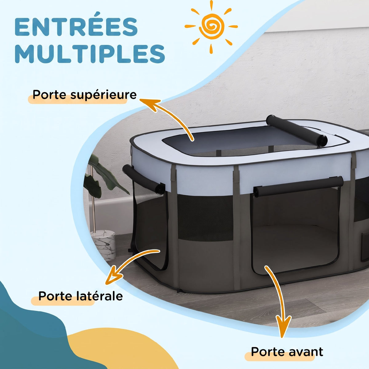Parc pliable pour animaux de compagnie parc pour chiots en tissu Oxford avec fenêtres et portes sac de rangement gris-4
