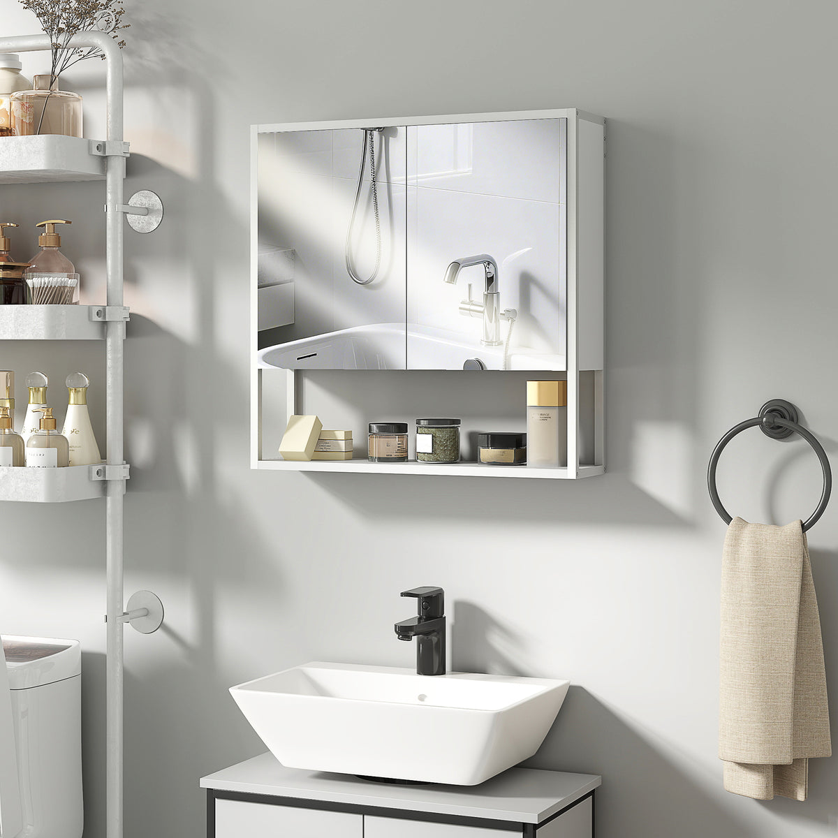 Armoire murale salle de bain avec miroir, meuble salle de bain, 2 portes miroir, étagère ouverte 60 x 16 x 60 cm blanc-9