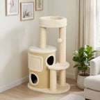 Arbre à Chat Multi-Niveaux avec Tonneau, Double Niche, Lit, Plateforme, Poteaux à Griffer en Sisal, 55x39x90cm, Beige-1