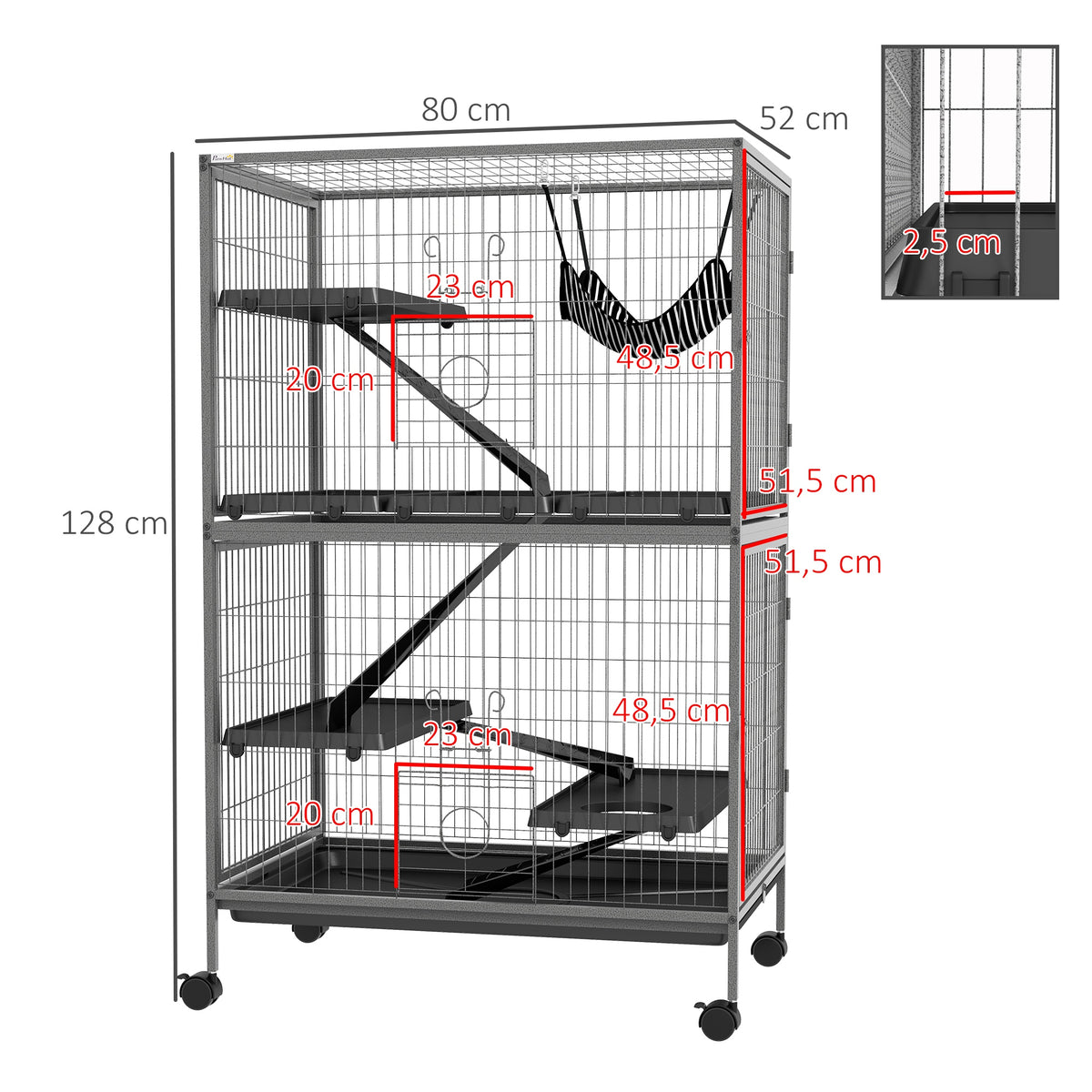 Cage pour rongeurs Multifonction 4 Plateformes 3 rampes 4 Portes dim. 80L x 52l x 128H cm acier Gris argenté Noir-2