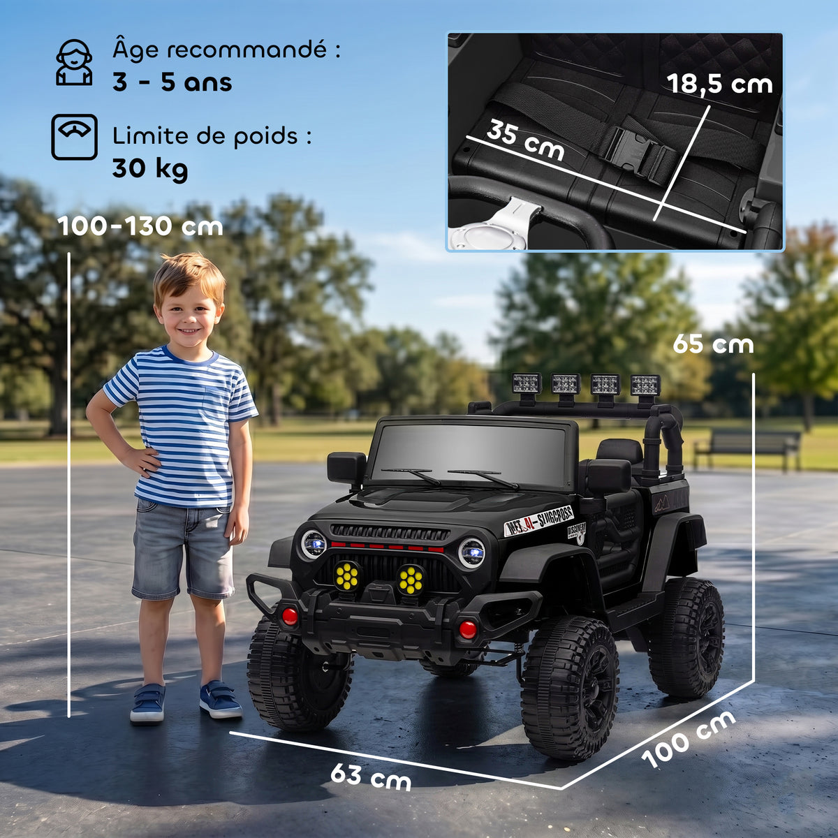 Voiture électrique enfants UTV avec télécommande 2,4G, 2 moteurs 12 V, musique, klaxon, lumières LED, 100x63x65cm, noir-2
