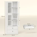 Buffet haut cuisine, armoire de cuisine avec portes vitrées, tiroirs et étagères réglables, 59x30x170cm, blanc brillant-2