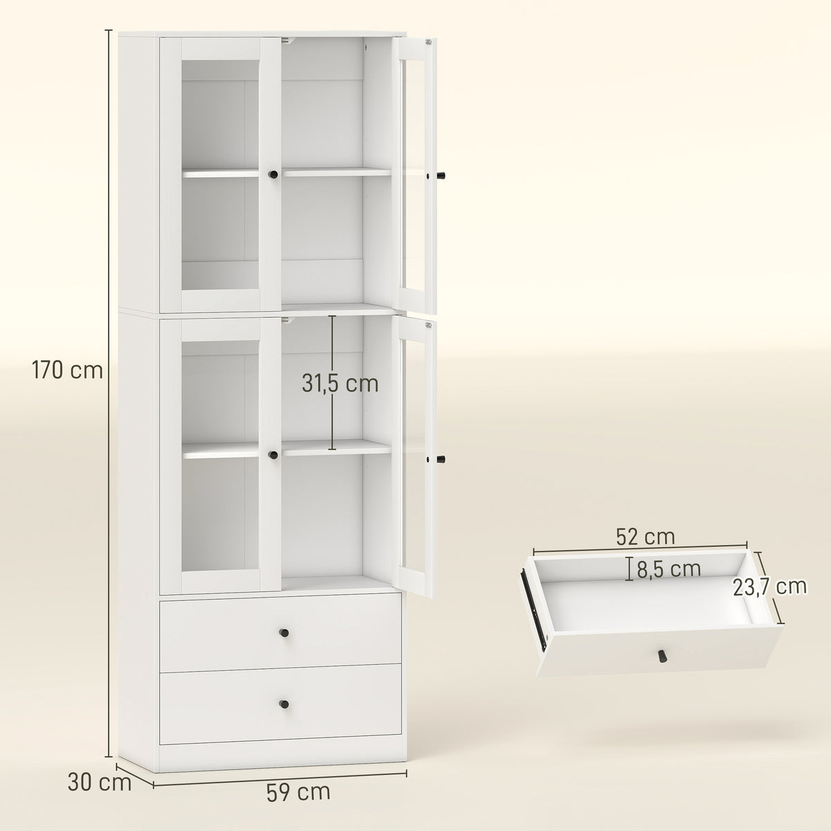 Buffet haut cuisine, armoire de cuisine avec portes vitrées, tiroirs et étagères réglables, 59x30x170cm, blanc brillant-2