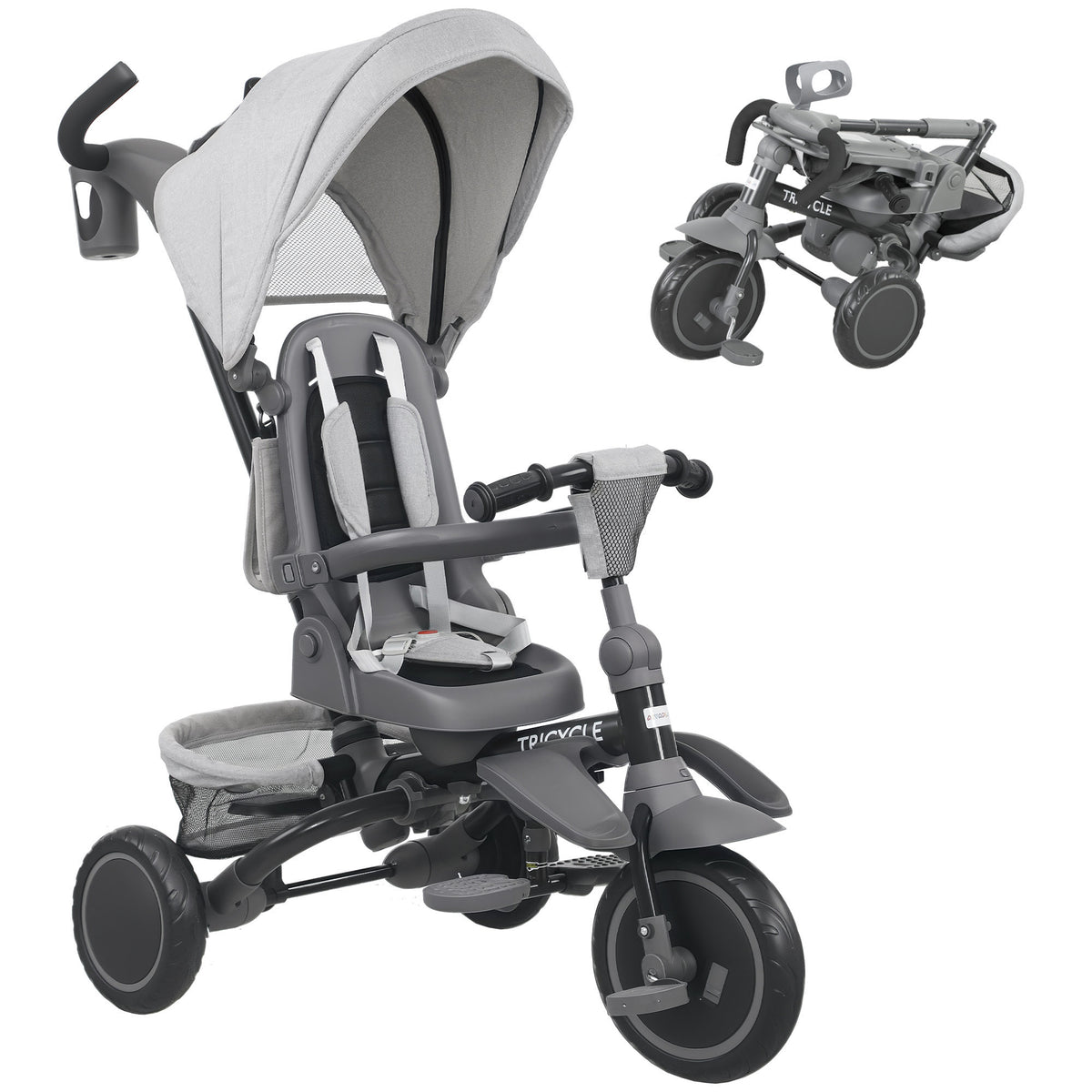 Tricycle bébé évolutif 6 en 1, tricycle enfant pliable avec poignée parentale réglable, siège pivotant 360°, gris-0