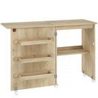 Table de couture pliante meuble couture à abattant avec bacs de rangement, étagère ouverte et roulettes, bois naturel-0