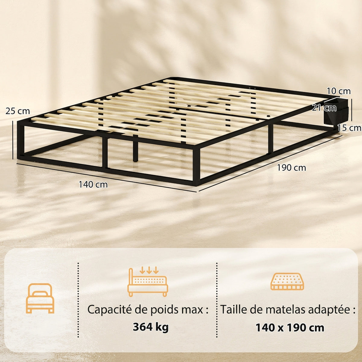 Cadre de Lit 140 x 190 cm avec Sommier, Lit Double avec Pochette de Rangement, Support à Lattes en Bois, Noir-2